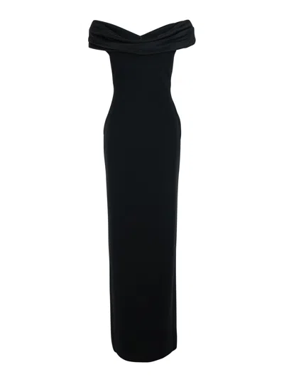 Solace London Off-shoulder Draped Neckline Tech Fabric Long Dress In Black
