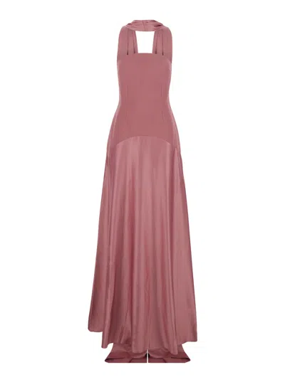 Solace London Off-shoulder Long Dress With Removable Scarf And Internal Boned Bodice In Tech Fabric In Pink