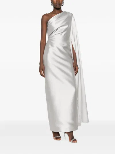 Solace London One-shoulder Cape-detail Maxi Dress In Neutral