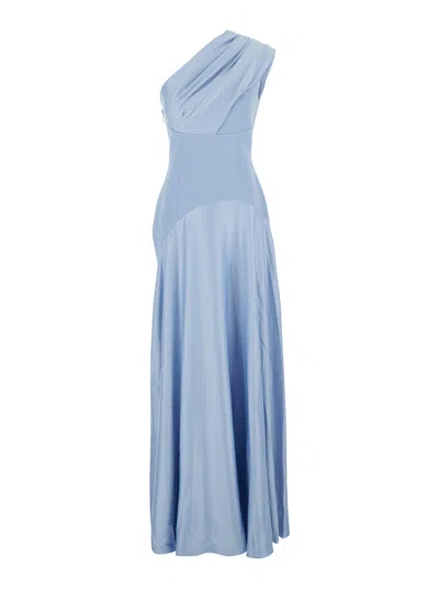 Solace London One-shoulder Long Dress With Asymmetrical Bodice Draping In Tech Fabric In Blue