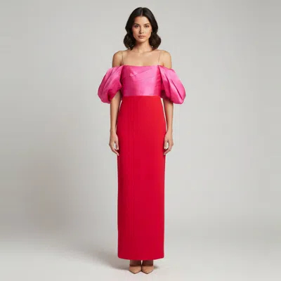 Pre-owned Solace London Pink/red Silk And Stretch Crepe Off Shoulder Maxi Dress M
