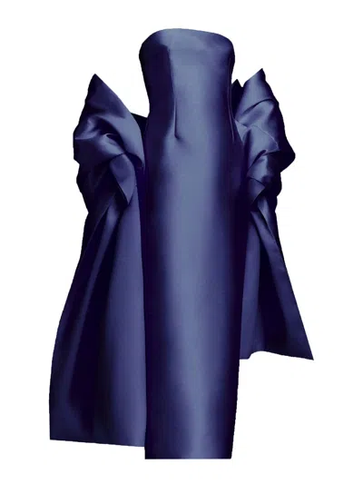 Solace London Lea Puff-sleeved Cape Gown In Blue