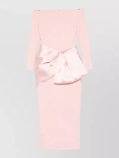 Solace London Rhianne Off Shoulder Satin Bow Midi Dress In Pink