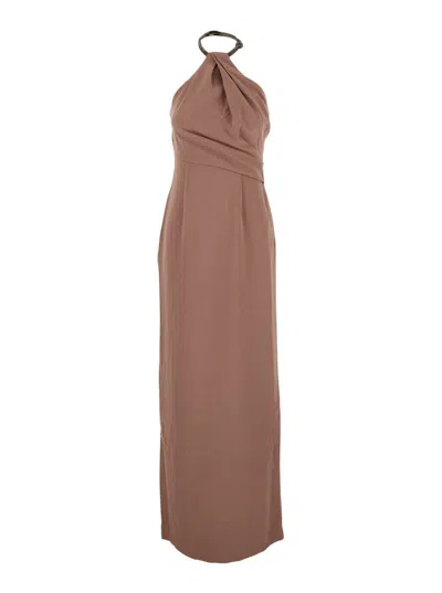Solace London Rhinestone Neckline Draped Dress In Brown