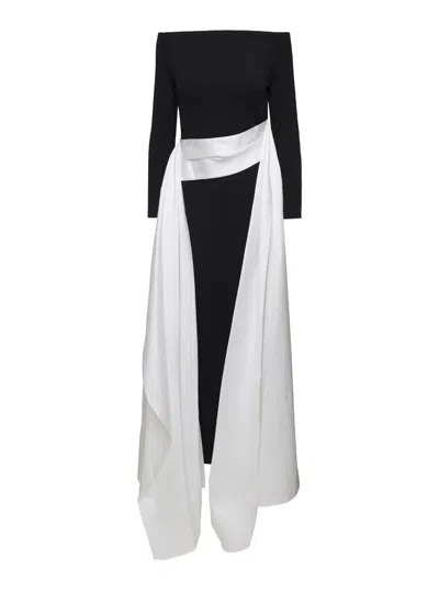 SOLACE LONDON BLACK AND WHITE LONG DRESS WITH TRAIN IN TECHNO FABRIC STRETCH WOMAN