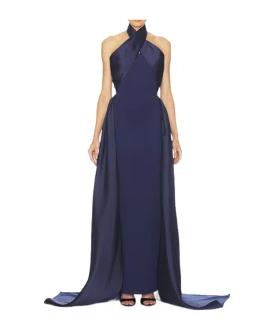 Solace London Rumi Halterneck Crepe Gown In Blue