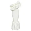 Solace London Solace Tove Midi Polyester Ruffle Cascade Shoulder Flounce Dress In White