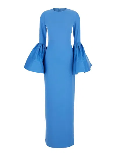 Solace London 'suri' Blue Crewneck Long Dress With Puffed Long Sleeves In Tech Fabric Stretch Woman