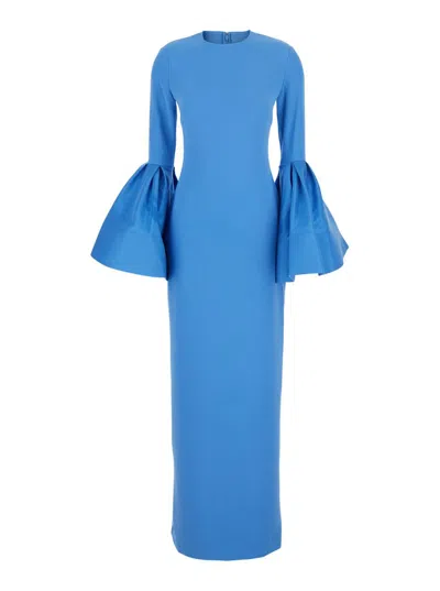 SOLACE LONDON 'SURI' BLUE CREWNECK LONG DRESS WITH PUFFED LONG SLEEVES IN TECH FABRIC STRETCH WOMAN