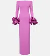 Solace London Talia Pink Long Dress With Bare Shoulders And Sleeves With Ruffles In Twill Woman In Pink