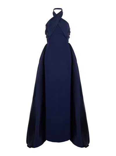 Solace London Tech Fabric Long Dress With Crossed Halterneck And Open Back Slit In Blue
