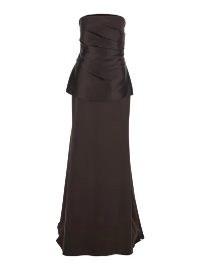 Solace London Tech Fabric Long Dress With Straight Neckline And Flared Design In Brown