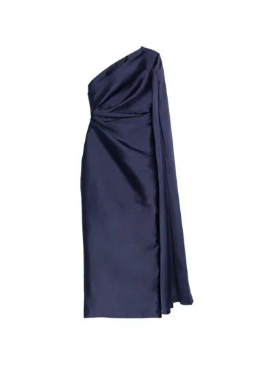 Solace London Veya One-shoulder Cape-detail Maxi Dress In Blue