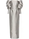 Solace London Laylah Grey Off-shoulder Long Dress With Rear Single Slit In Tech Fabric Woman In Argento