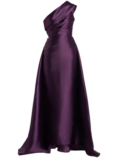 Solace London Alba One-shoulder Satin Gown In Purple