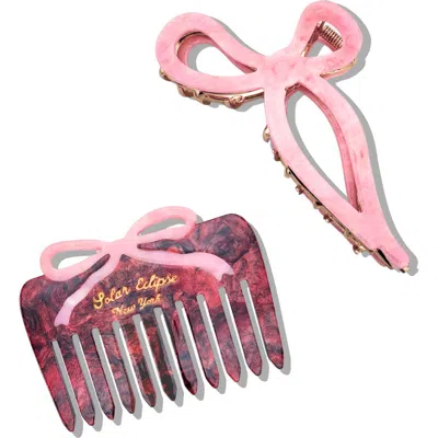 Solar Eclipse Hand Painted Bow Claw Clip & Comb Set In Pink