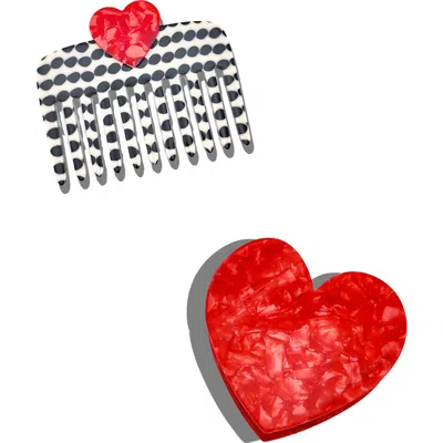 Solar Eclipse Hand Painted Polka Dot Comb & Heart Claw Clip Set In Red