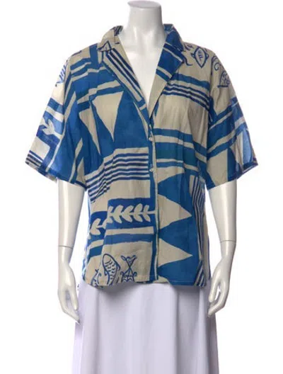 Pre-owned Soleil Soleil Printed Short Sleeve Top In Blue