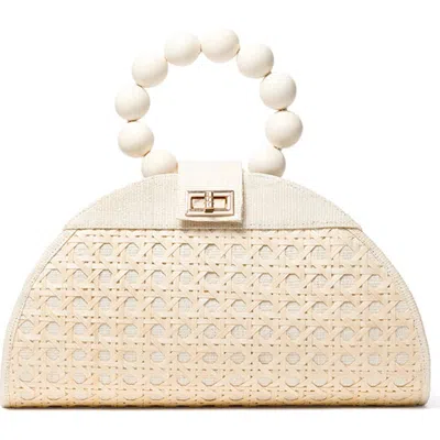 Soli & Sun The Isabella Tan Rattan Solihiya Weave And Gold Bead Top Handle Statement Bag In White