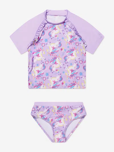 Soli Swim Babies'  Girls Unicorn Rash Guard And Shorts (upf50+) In Purple