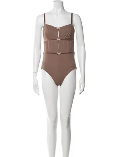 Pre-owned Solid & Striped Bow Accents One-piece In Brown