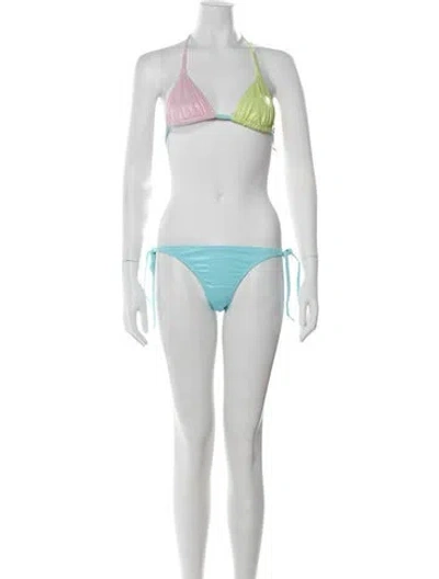 Pre-owned Solid & Striped Colorblock Pattern Bikini W/ Tags In Green