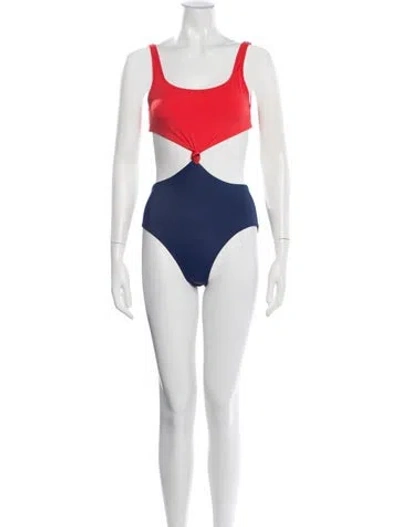 Pre-owned Solid & Striped Colorblock Pattern Cutout Accent One-piece W/ Tags In Blue