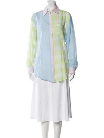 Pre-owned Solid & Striped Colorblock Pattern Long Sleeve Button-up Top In Blue