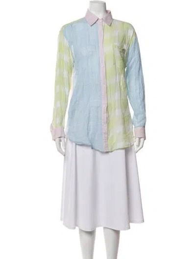 Pre-owned Solid & Striped Colorblock Pattern Long Sleeve Button-up Top In Blue/green