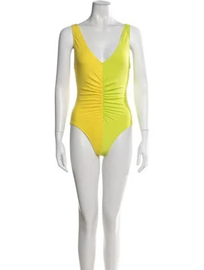 Pre-owned Solid & Striped Colorblock Pattern Pleated Accents One-piece W/ Tags In Orange