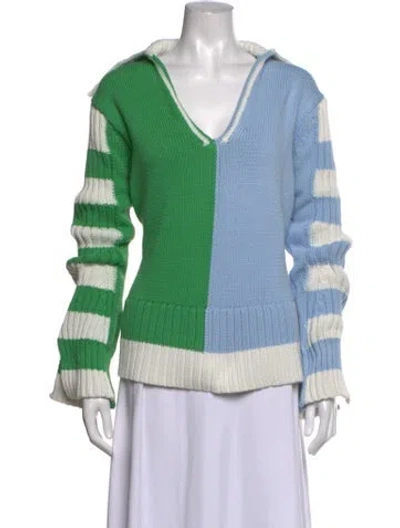 Pre-owned Solid & Striped Colorblock Pattern V-neck Sweater In Blue