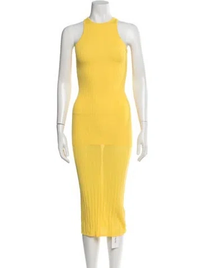 Pre-owned Solid & Striped Crew Neck Midi Length Dress In Yellow