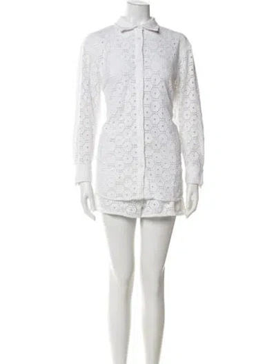 Pre-owned Solid & Striped Crochet Trim Cover-up In White