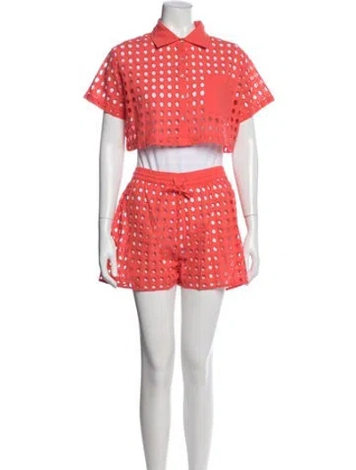Pre-owned Solid & Striped Eyelet Trim Short Set In Red