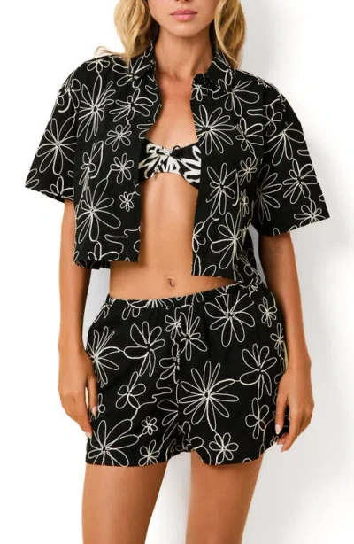 Solid & Striped Ezra Embroidered Crop Cotton Cover-up Camp Shirt In Black
