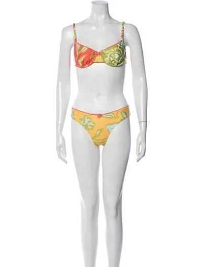 Pre-owned Solid & Striped Floral Print Bikini In Yellow