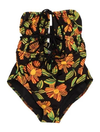 Pre-owned Solid & Striped Floral Print Bow Accents One-piece W/ Tags In Black