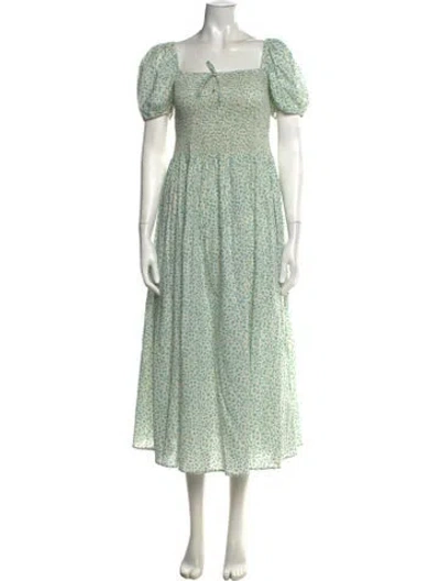 Pre-owned Solid & Striped Floral Print Long Dress In Green