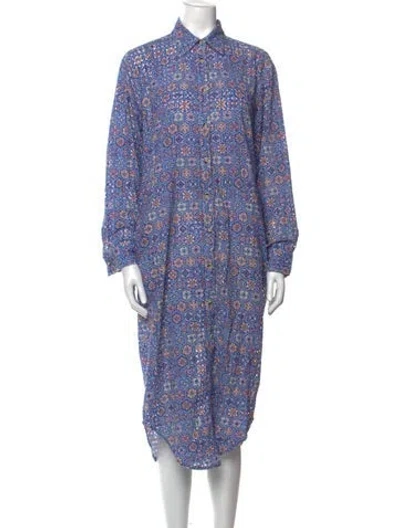 Pre-owned Solid & Striped Floral Print Midi Length Dress In Blue