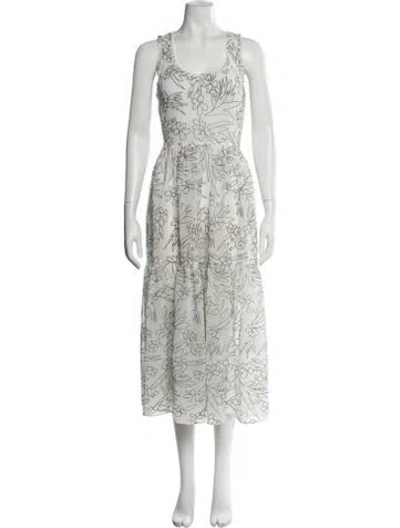 Pre-owned Solid & Striped Floral Print Midi Length Dress In Green