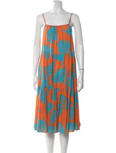 Pre-owned Solid & Striped Floral Print Midi Length Dress In Orange
