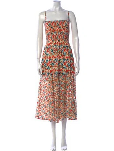 Pre-owned Solid & Striped Floral Print Midi Length Dress In Red