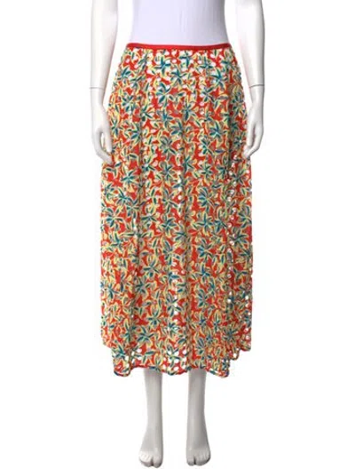 Pre-owned Solid & Striped Floral Print Midi Length Skirt In Red