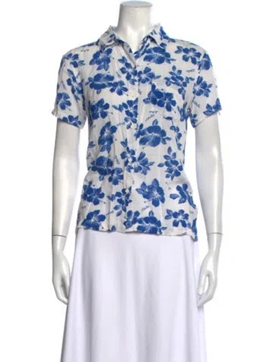 Pre-owned Solid & Striped Floral Print Short Sleeve Button-up Top In Blue