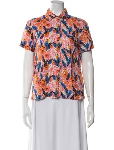Pre-owned Solid & Striped Floral Print Short Sleeve Button-up Top In Multicolor