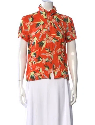 Pre-owned Solid & Striped Floral Print Short Sleeve Button-up Top In Orange