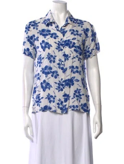 Pre-owned Solid & Striped Floral Print Short Sleeve Top In Blue