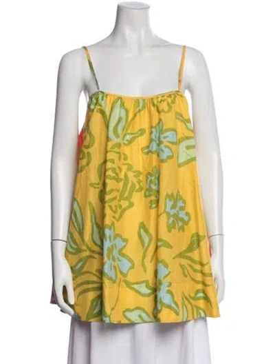 Pre-owned Solid & Striped Floral Print Square Neckline Top W/ Tags In Yellow