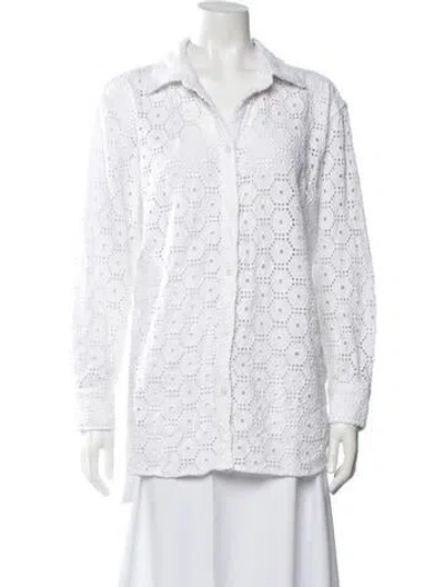 Pre-owned Solid & Striped Lace Pattern Long Sleeve Button-up Top In White