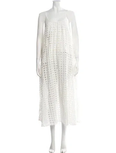 Pre-owned Solid & Striped Lace Pattern Midi Length Dress In White